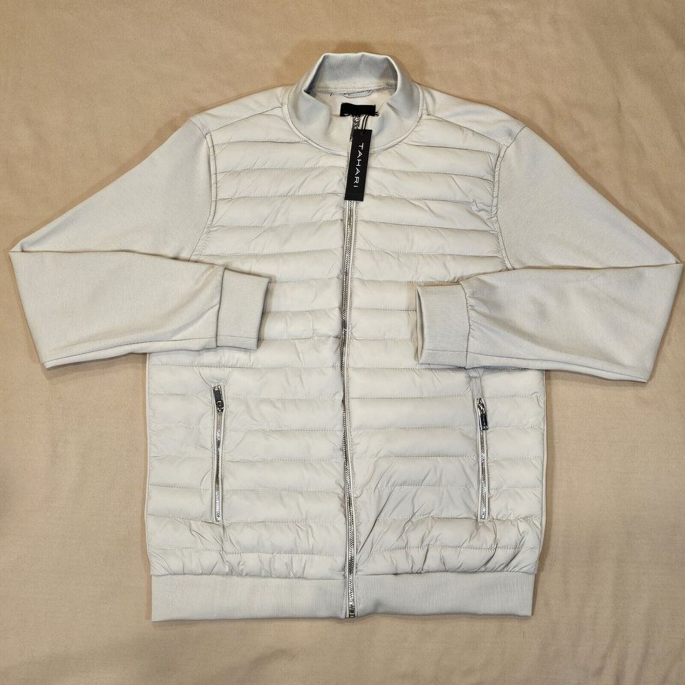 NWT TAHARI Men's Quilted Mix Zip-Up Mock Neck Cement/Gray‎ Jacket Size Small